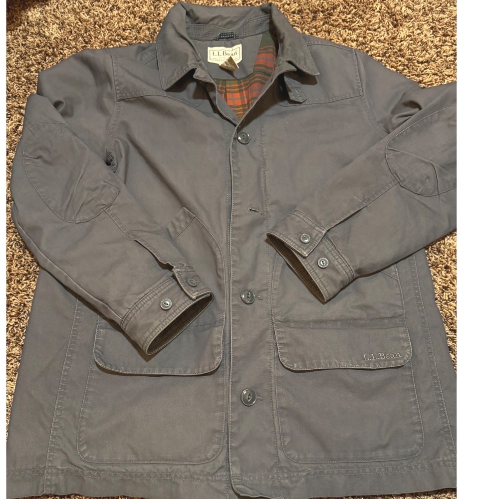 LL Bean Men Field Coat Charcoal Gray Plaid Lined Utility Jacket Shacket